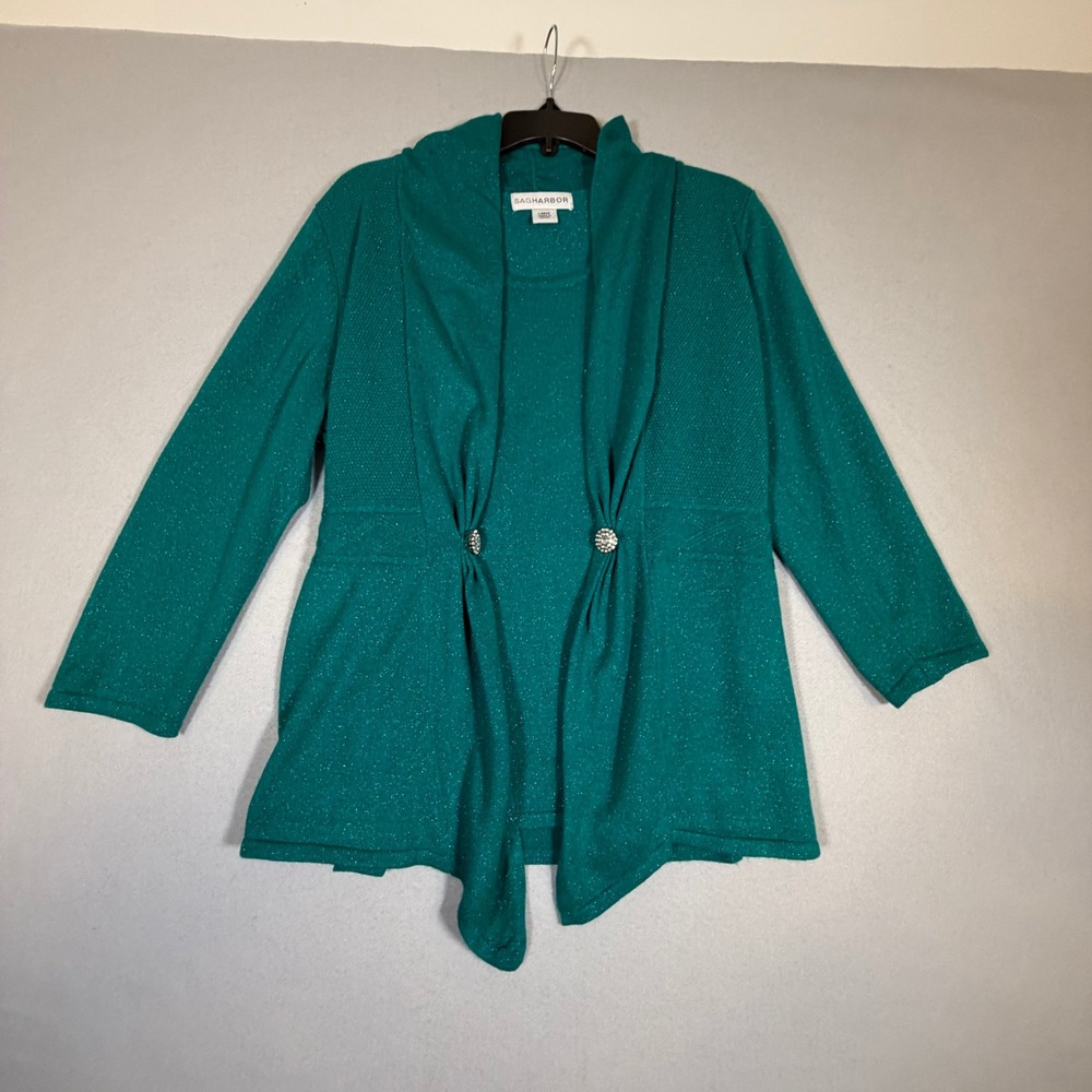 Sag Harbor Womens Teal Green Metallic Knit Connected 2-Piece Sweater Set Large